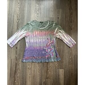 Vintage Suzie Paisley Floral Rhinestone Ombre Top Sz XL Whimsy Fairy Boho Grunge